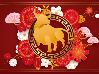 Ilustração de boi china dourado dentro de uma mandala chinesa.